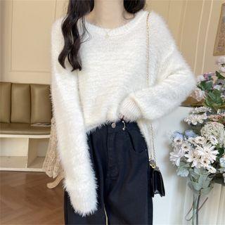 Fleece Round-neck Plain Long-sleeve Knit Top