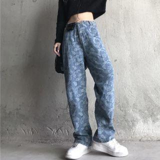High Waist Paisley Print Straight Leg Jeans