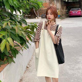 Elbow-sleeve Striped T-shirt / Overall Dress
