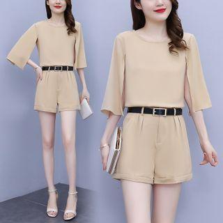Set: Elbow-sleeve Plain Blouse + Wide-leg Shorts