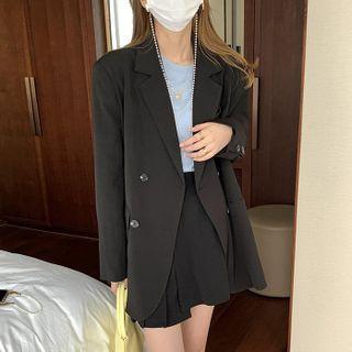 Long-sleeve Plain Padded Shoulder Double-breasted Blazer