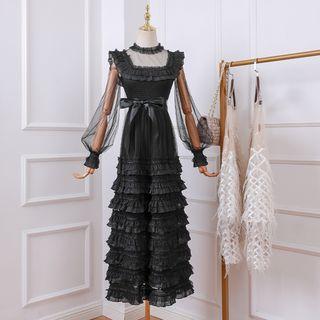 Bow Accent Long-sleeve Midi Tiered Dress