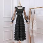 Bow Accent Long-sleeve Midi Tiered Dress