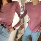 Round-hem Slim-fit Knit Top Dark Pink - One Size