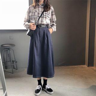Plaid Long-sleeve Shirt / A-line Maxi Skirt