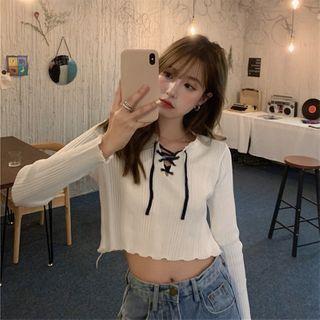 Long-sleeve Cropped Lace-up Knit Top