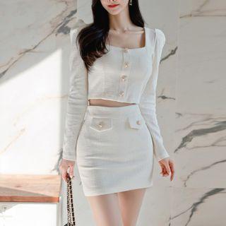 Set: Square-neck Long-sleeve Crop Top + Pencil Skirt