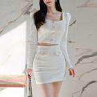Set: Square-neck Long-sleeve Crop Top + Pencil Skirt