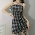 Spaghetti Strap Plaid Drawstring Bodycon Dress