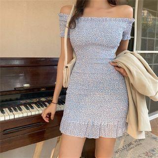 Off-shoulder Floral Print Mini A-line Dress Blue - One Size