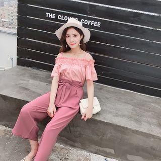 Set: Off Shoulder Short-sleeve Top + Wide Leg Pants