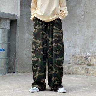 High-waist Drawstring Camo Wide-leg Pants