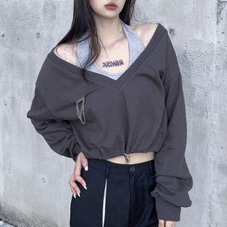 Set: Long-sleeve Drawstring Hem Cropped Sweatshirt + Halter Top