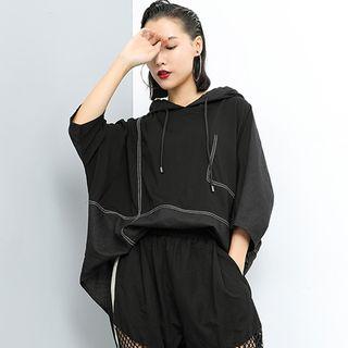 3/4-sleeve Paneled Hoodie Black - One Size
