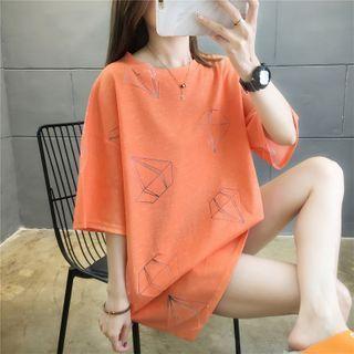 Elbow-sleeve Diamond Print T-shirt