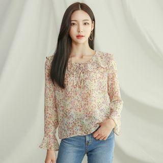 Beribboned Ruffle-collar Floral Chiffon Top