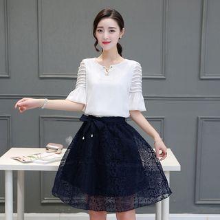 Set: Ruffled Chiffon Blouse + A-line Skirt