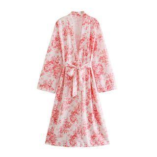Long-sleeve V-neck Floral Print Sashed Maxi Dress