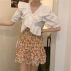 Short-sleeve Frill Trim Top / Floral Skirt