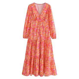 Long-sleeve V-neck Floral Button-up Maxi A-line Dress
