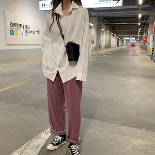 Long-sleeve Button-down Shirt / Plain Wide-leg Pants