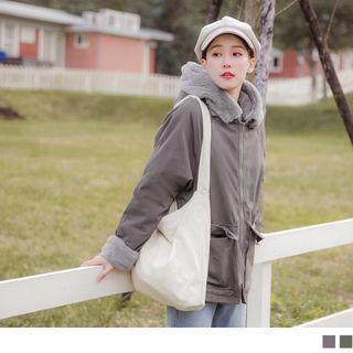 Furry Trim Hooded Fleece-lined Trench Jacket