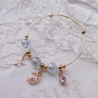 Moon & Star Faux Crystal Bead Alloy Open Bangle Blue - One Size