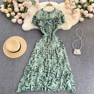 Round-neck Ruffle Chiffon Print Dress