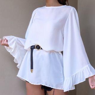 Plain Long-sleeve Blouse With Belt
