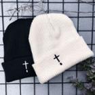 Cross Embroidered Knit Beanie