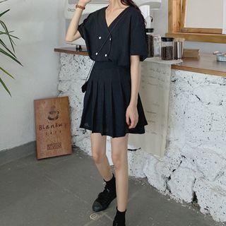 Set: Elbow-sleeve Double Breasted Chiffon Shirt + A-line Mini Pleated Skirt