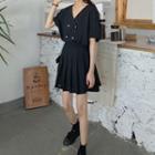 Set: Elbow-sleeve Double Breasted Chiffon Shirt + A-line Mini Pleated Skirt