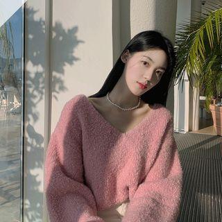V-neck Wool Blend Boucle Knit Top
