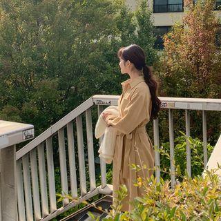 Pocket-front Midi Shirtdress With Sash Beige - One Size