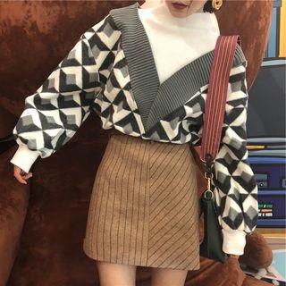 Set: Mock Two-piece Patterned Pullover + Striped Mini A-line Skirt