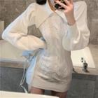 Lantern-sleeve Cable Knit Mini Sheath Sweater Dress