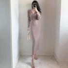 Long-sleeve V-neck Ruched Midi Sheath Dress