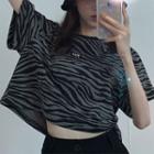 Elbow-sleeve Zebra Print T-shirt Zebra - Black & Gray - One Size