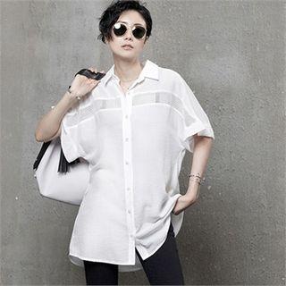 Dolman-sleeve Mesh-trim Shirt
