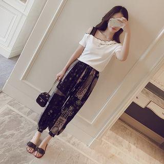 Set: Cold Shoulder Short-sleeve T-shirt + Printed Harem Pants