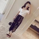 Set: Cold Shoulder Short-sleeve T-shirt + Printed Harem Pants
