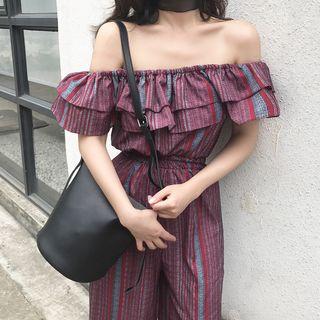 Striped Off Shoulder Short Sleeve Jumpsuit