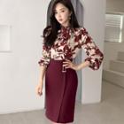 Set: Long-sleeve Floral Print Blouse + Midi Fitted Skirt