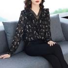 Long-sleeve Ruffled Floral Print Lace Trim Blouse