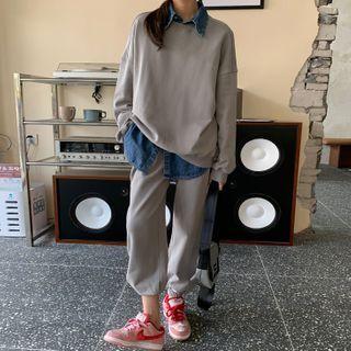 Plain Crew-neck Loose-fit Sweatshirt / High-waist Jogger Pants