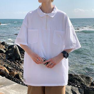 Elbow-sleeve Zip Polo Shirt Letter Embroidery - Normal - White - 5xl