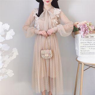 Set: Plain Slipdress + Bow Accent Midi Long-sleeve Mesh Dress