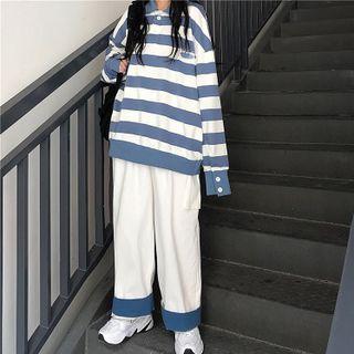Polo-neck Striped Sweatshirt / Wide-leg Pants / Set