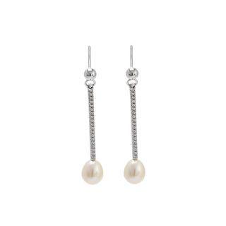Sterling Silver Simple Fashion Geometric Freshwater Pearl Long Earrings With Cubic Zirconia Silver - One Size