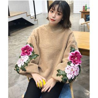 Flower Embroidered Furry Pullover